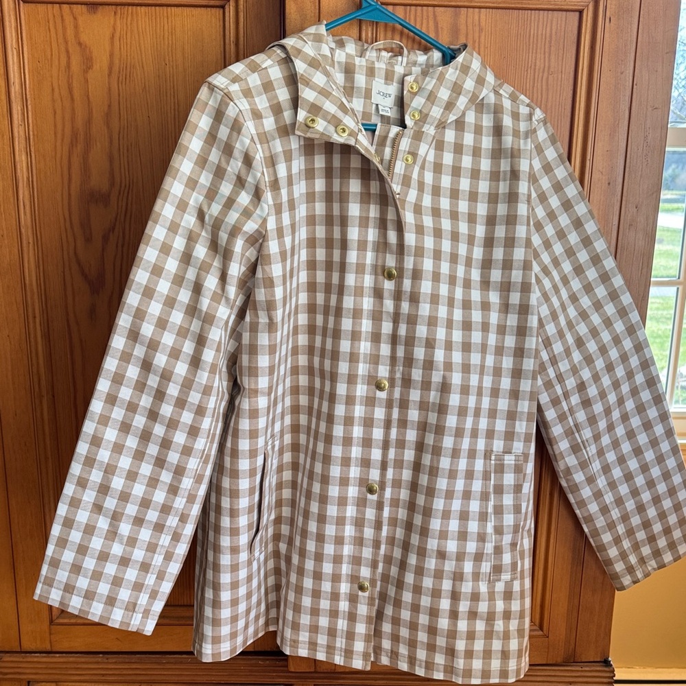 J. Crew Factory Beige and White Gingham Raincoat